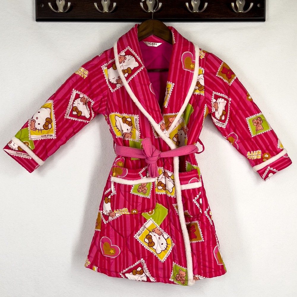 Vintage Hello Kitty Girls Quilted Fleece Robe Y2K Patchwork Kawaii 90's Size 8